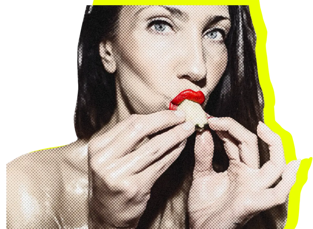 Pop-art portrait of a woman with red lipstick tasting fruit, Pineapple Lifestyle artwork