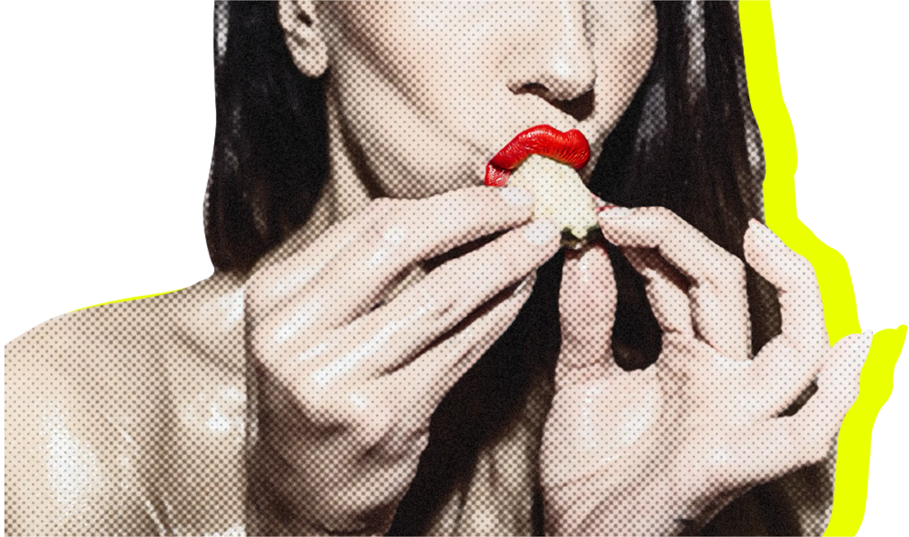 Pop-art close-up of red lips and fruit