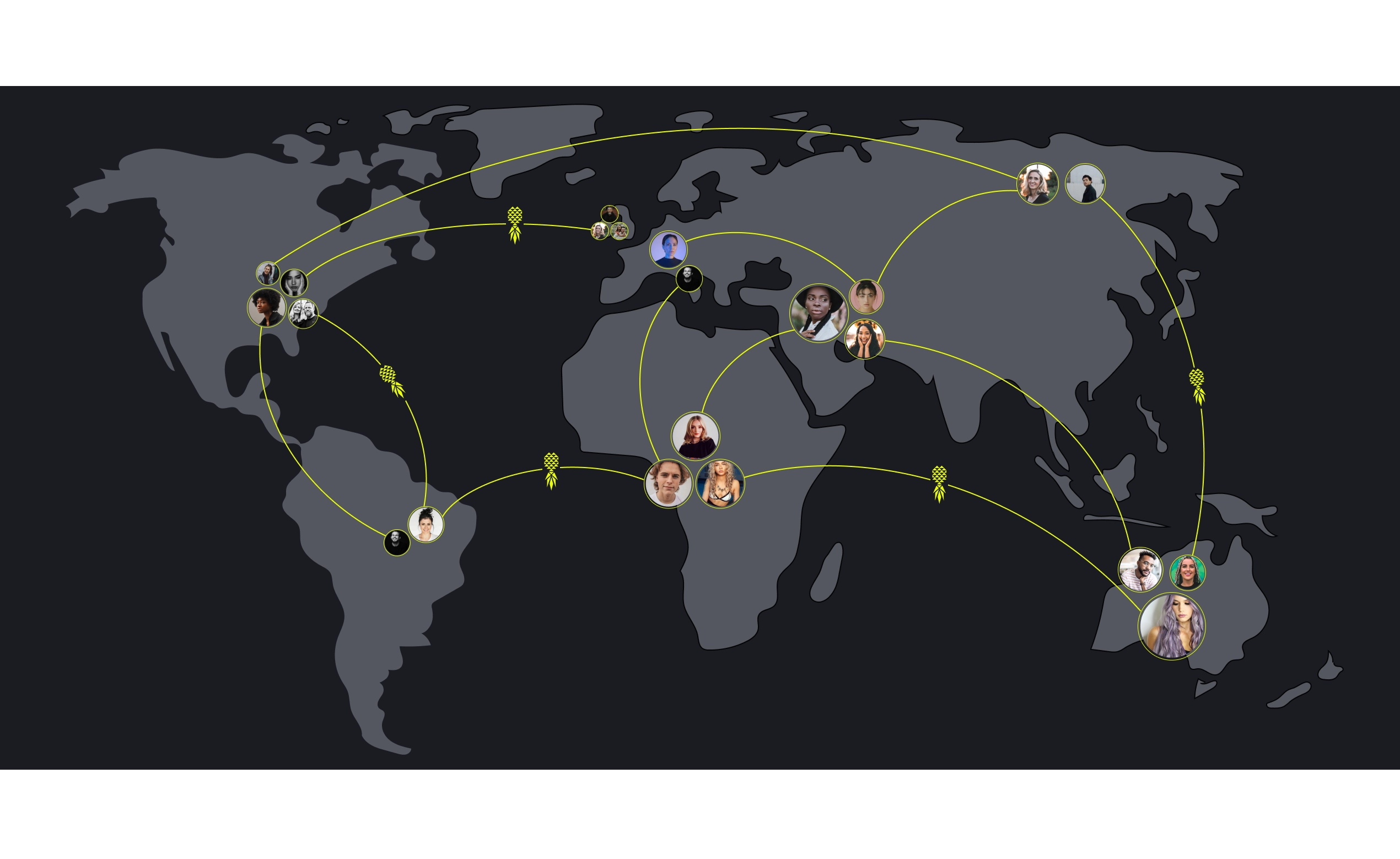 Map connecting Pineapple Lifestyle members around the world